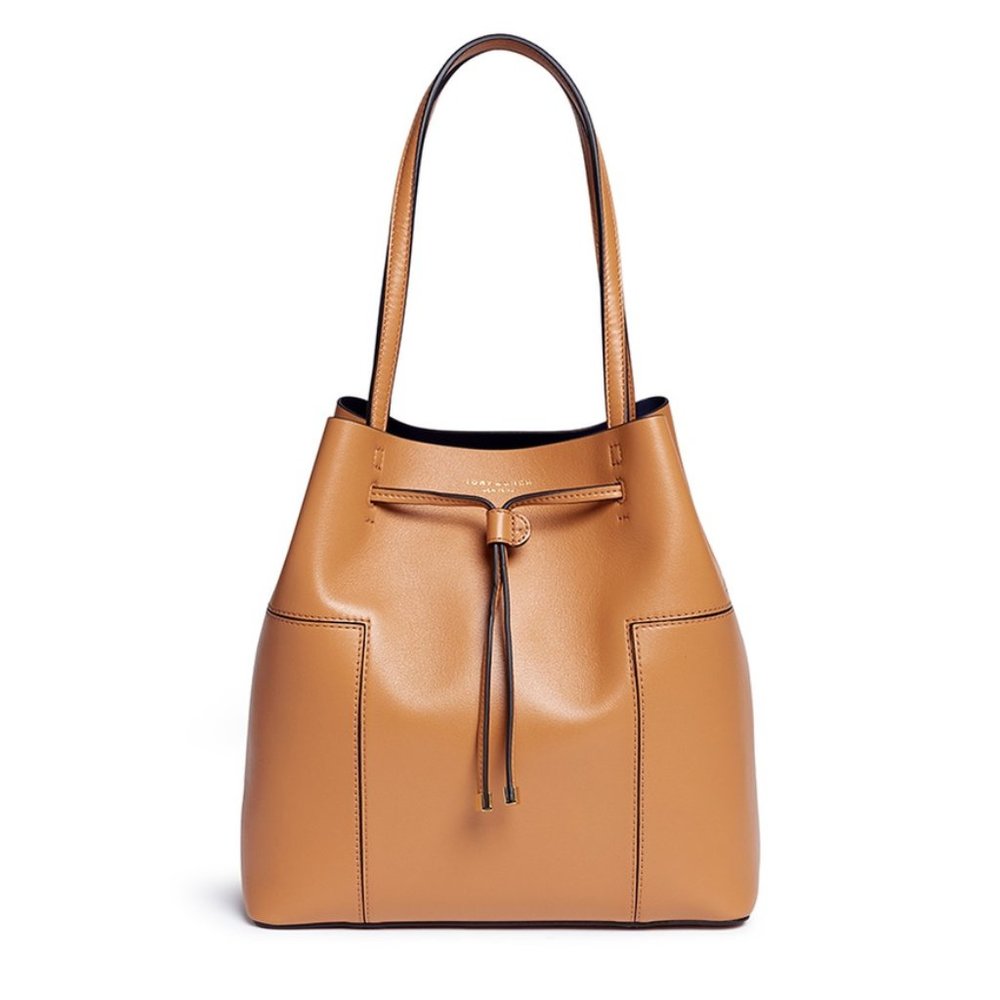 Tory Burch Block-T Leather Bucket Tote in Camel